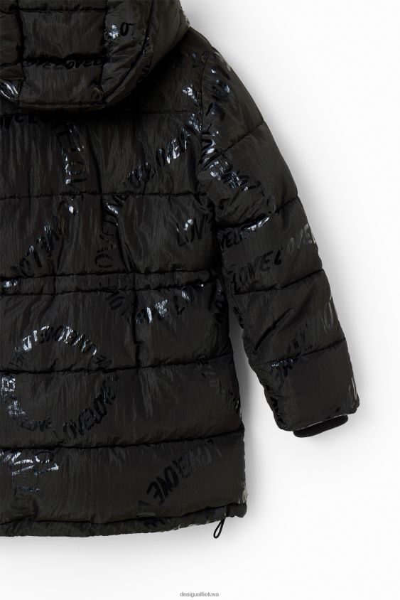 Desigual mergina ilgas paminkštintas paltas su tekstu apranga S606BV1764