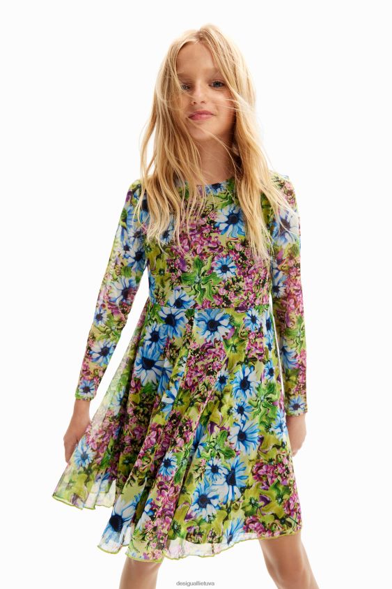 Desigual mergina gėlėta tiulio suknelė ilgomis rankovėmis apranga S606BV1799