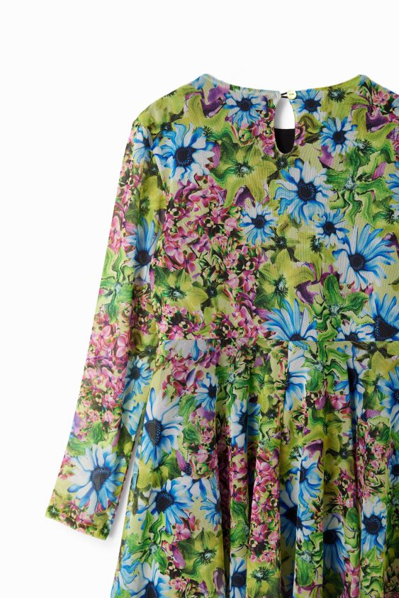 Desigual mergina gėlėta tiulio suknelė ilgomis rankovėmis apranga S606BV1799