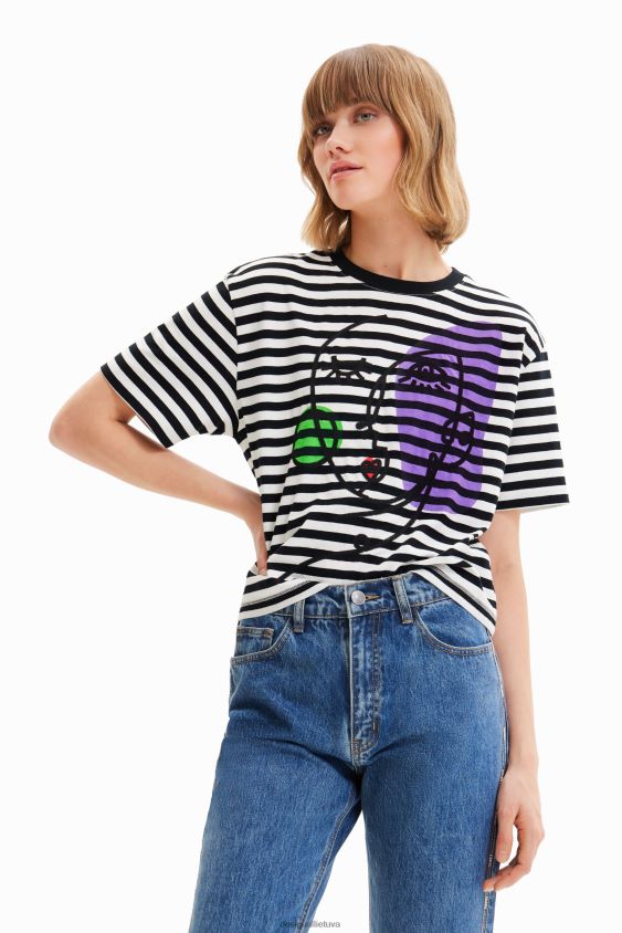 Desigual moterys dryžuoti meniško veido marškinėliai apranga S606BV1021