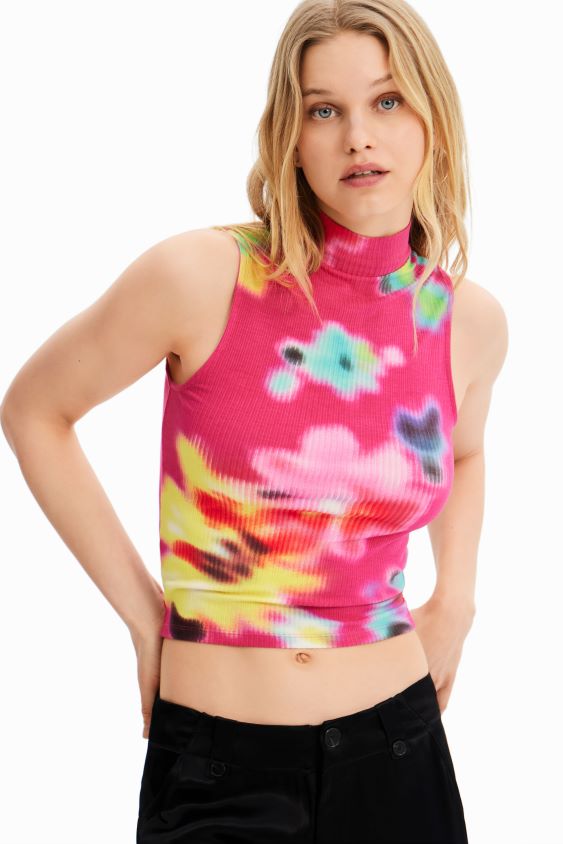 Desigual moterys gėlėmis puošti briaunoti marškinėliai be rankovių apranga S606BV434