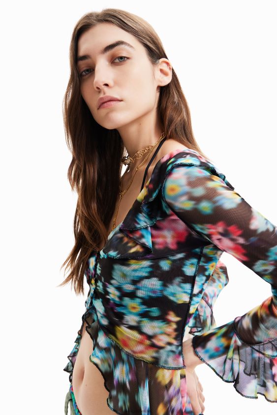 Desigual moterys raukinti gėlėti marškinėliai apranga S606BV608