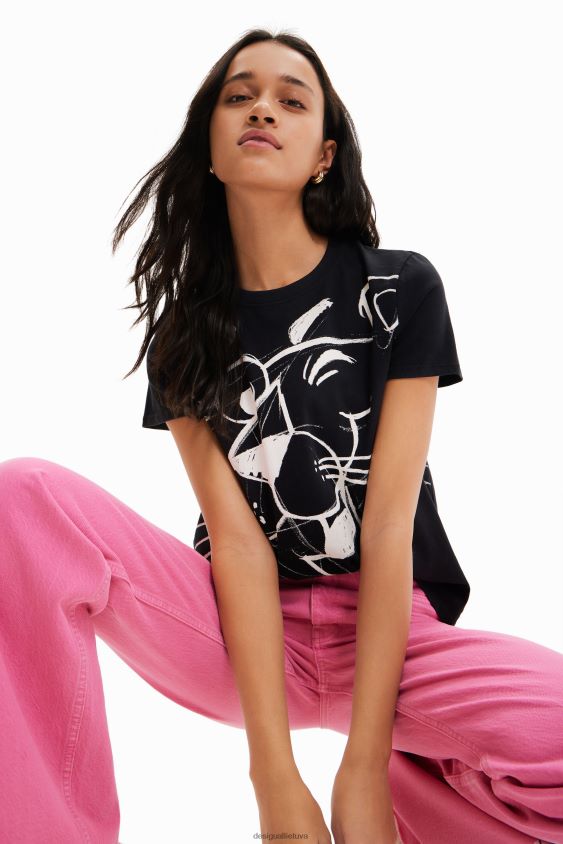 Desigual moterys rožinės spalvos panther kontrasto marškinėliai apranga S606BV935