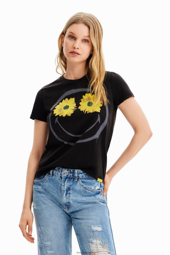 Desigual moterys šypsenėlių gėlių marškinėliai apranga S606BV1018