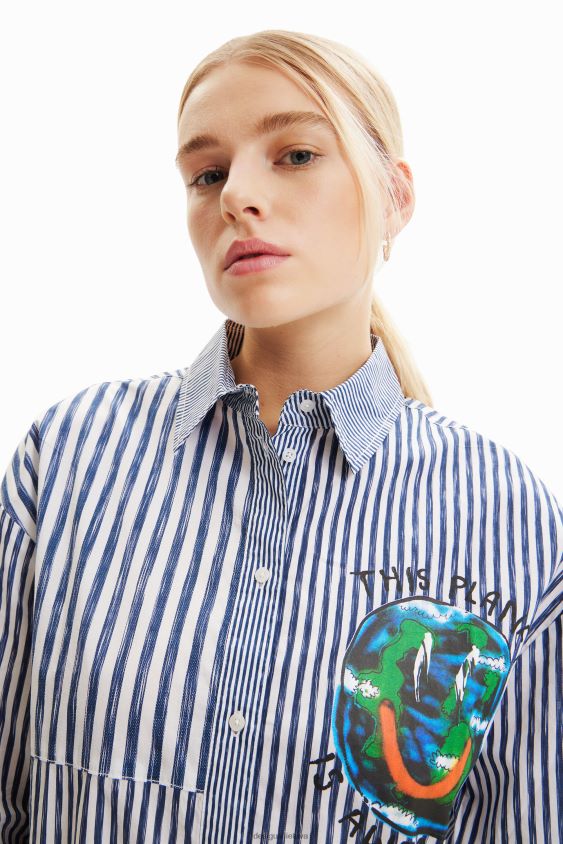Desigual moterys dryžuoti kratinio iliustracijos marškiniai apranga S606BV640