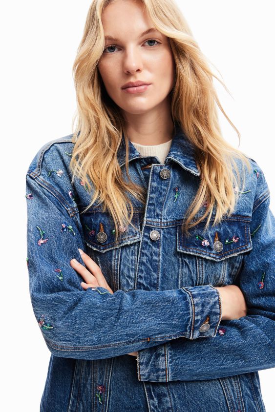 Desigual moterys gėlėta džinsinė sunkvežimio striukė apranga S606BV239