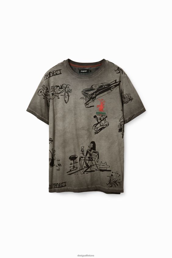 Desigual vyrų skalbto audinio iliustracijos marškinėliai apranga S606BV1571